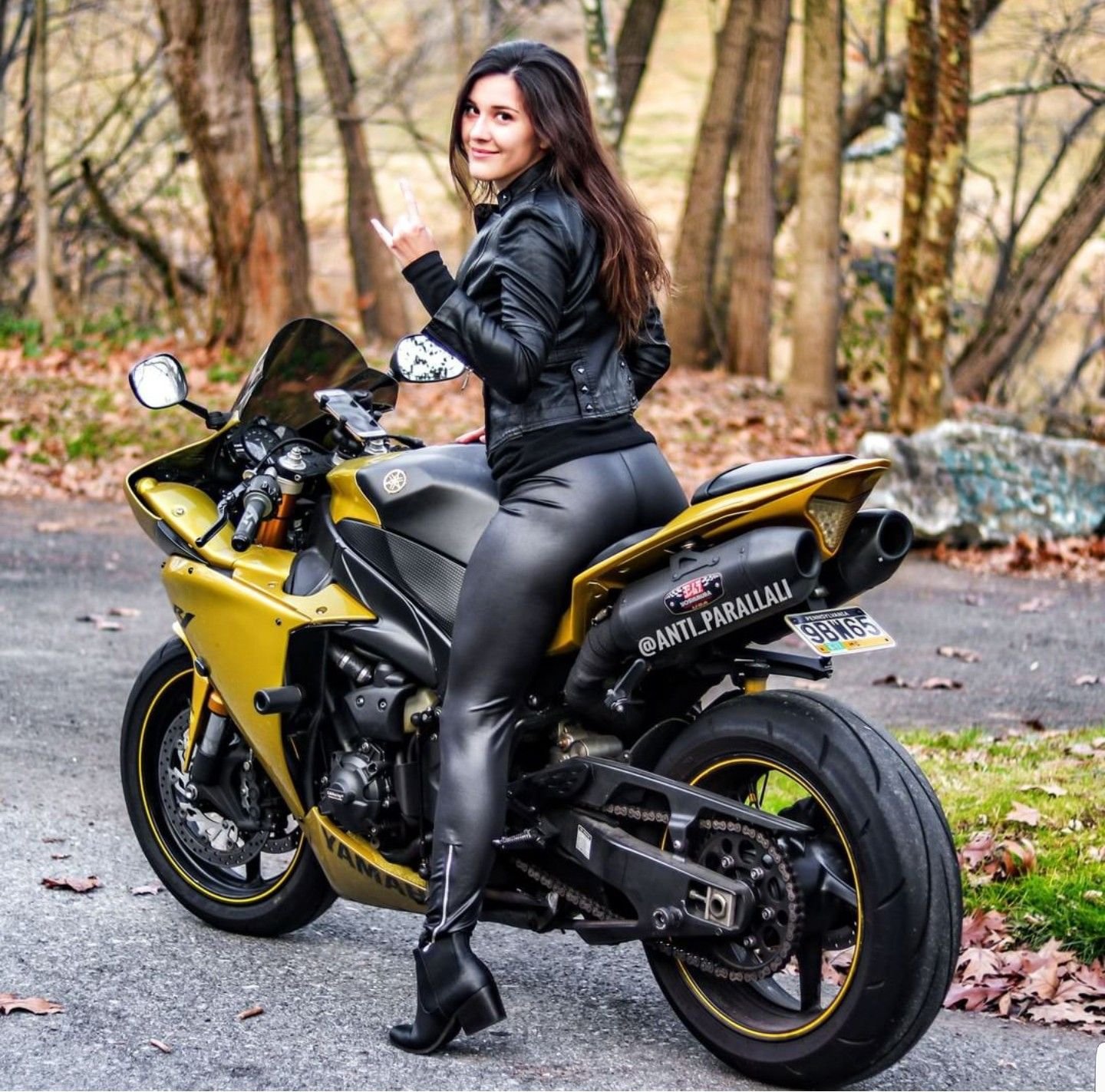 Sexy girl Brunettes on a motorcycle in Hebe